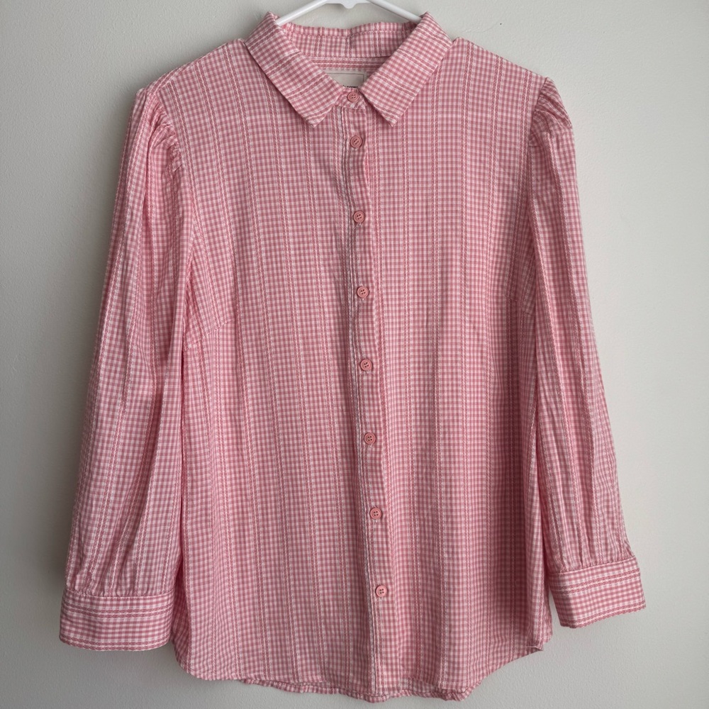 COURT & ROWE Coral Gingham 100% Cottom Button-Down Blouse Size Large